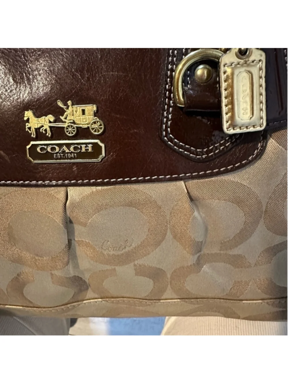 COACH Large Brown Leather and Tan Fabric Signature Canvas Satchel